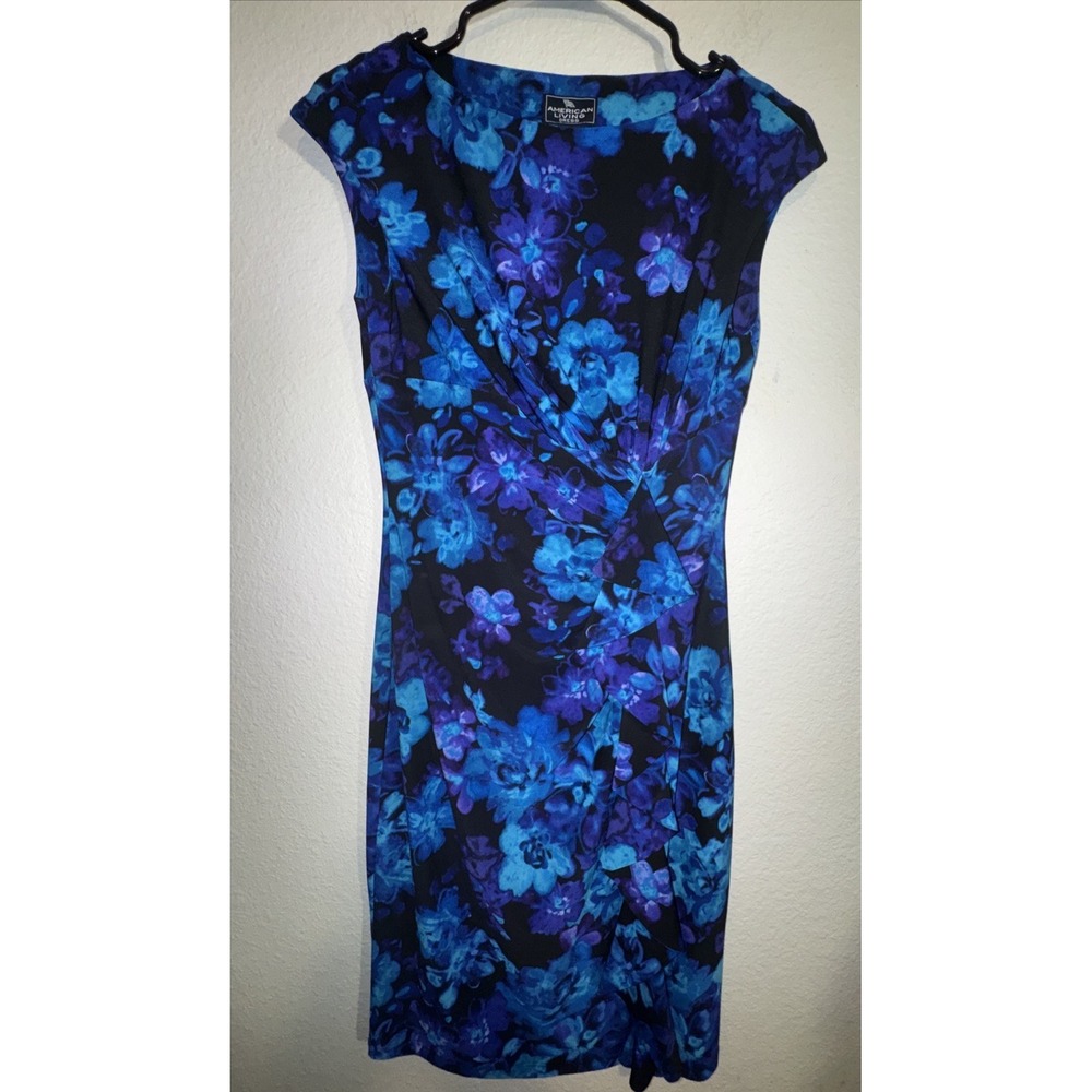 American Living Dress Sleeveless Sheath Size 4 Blue Floral Print Cocktail Formal